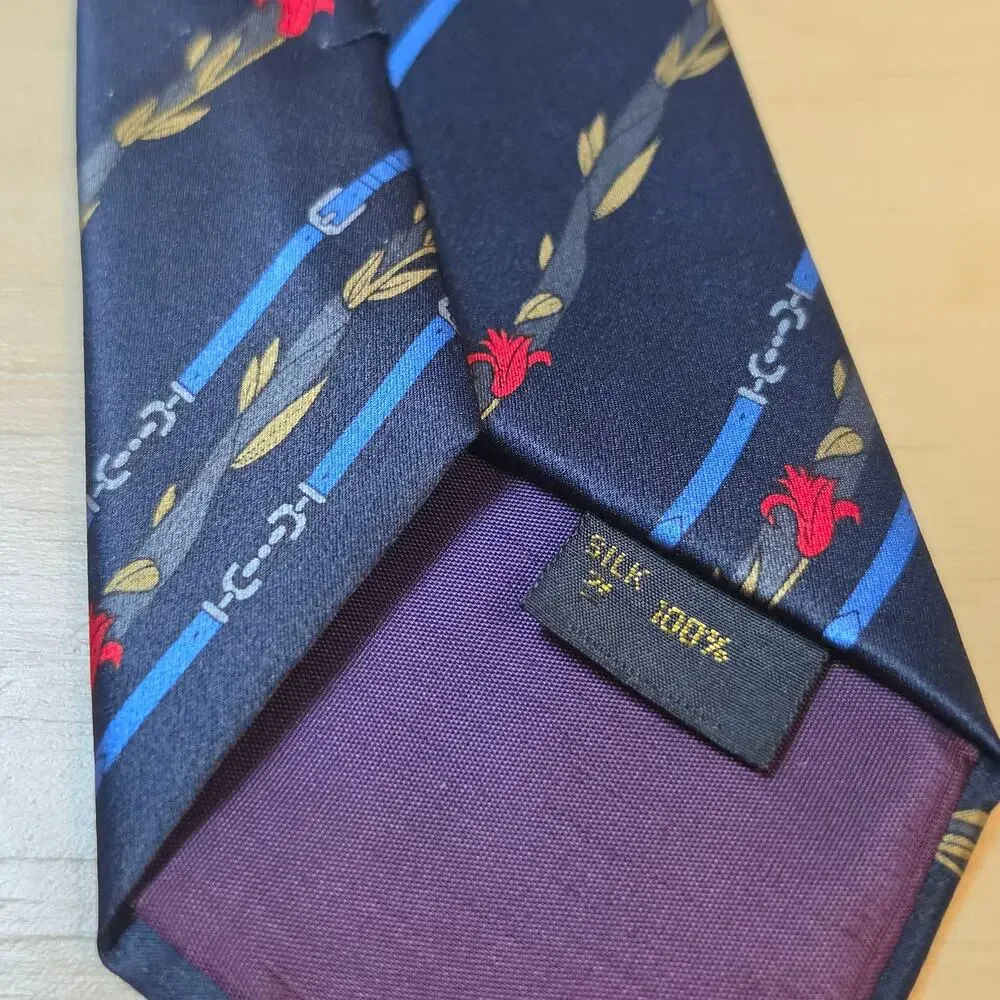 Lot of 2 Vintage 100% Italian Silk Ties Red Floral & Navy Blue Geometric Stripe